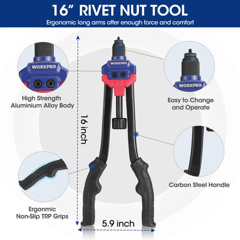 Rivet Nut Tool Kit With Carrying Case, 16 Inch Quick Change Mandrel Rivet Nut Setter with ergonomic alloy body and TPR grips.