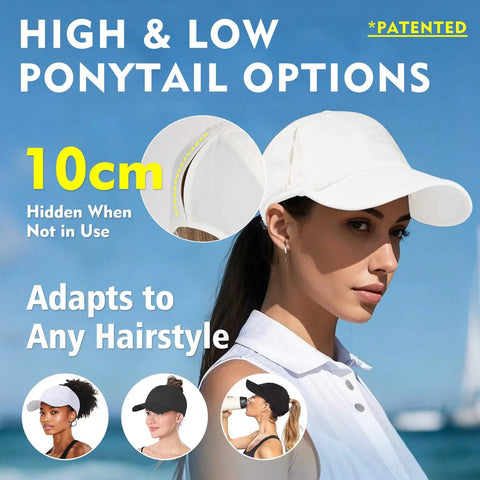 Woman wearing UPF 50 Plus Ponytail Baseball Cap For Women White Size Small Medium With Instant Dry Cooling Tech next to ocean