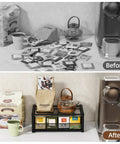 All In One Tea Bag Organizer With Drawers For Kitchen Countertop And Office Wooden Tea Station Storage with divided compartments before and after organizing.