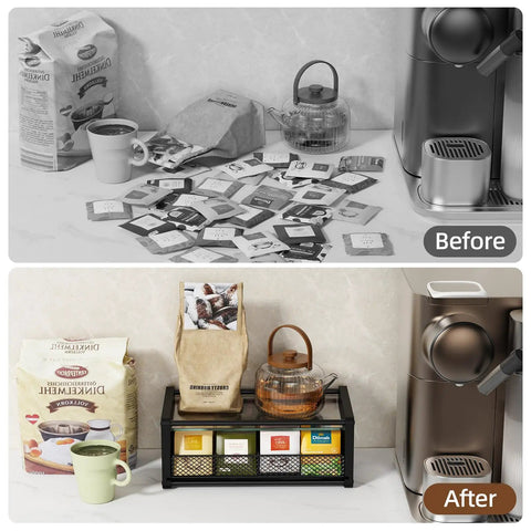 All In One Tea Bag Organizer With Drawers For Kitchen Countertop And Office Wooden Tea Station Storage with divided compartments before and after organizing.