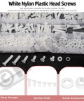 Badass White Nylon Pan Head Screw Kit M4 X 4 To 12 Mm Six Piece Assortment showing clear threads and various sizes.