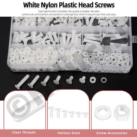 Badass White Nylon Pan Head Screw Kit M4 X 4 To 12 Mm Six Piece Assortment showing clear threads and various sizes.
