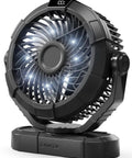 Portable Camping Fan With LED Lantern, 360 Degree Rotating Head, close view showing lights and black design