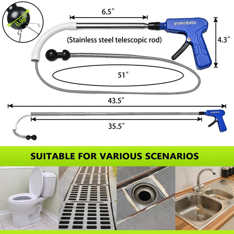Toilet Auger Drain Cleaner With Flexible Gripper for Snagging Lost Items and Clearing Minor Clogs shown with blue handle and telescopic design.