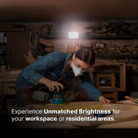 Woodworker using power tool under Portable LED Work Light With Clamp Or Hanging Hook That Slaps, 15W, 1800 Lumens, 4000K Cool White