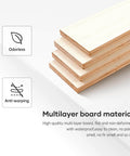 Multilayer wood board material with text 'Odorless' and 'Anti-warping' indicators, showcasing the board's high-quality features.