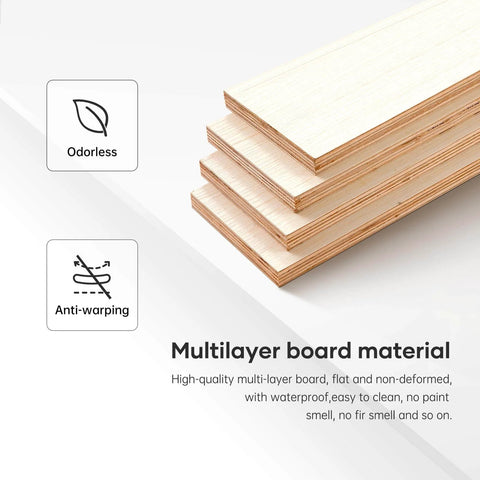 Multilayer wood board material with text 'Odorless' and 'Anti-warping' indicators, showcasing the board's high-quality features.