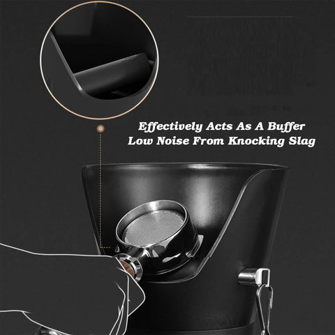 Heavy Duty Commercial Coffee Knock Box Featuring Hella Solid 6 Point 8 Liter ABS Grounds Disposal Bin angle showing quiet rubber arm and filter.