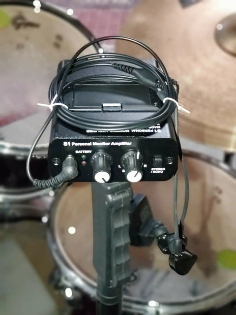 S1 Personal In-Ear Monitor Headphone Amplifier for Drummers, Keyboardists, Guitarists, Vocalists and Bass Players on mic stand