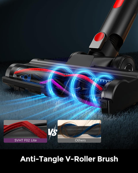 Cordless Vacuum Cleaner With 500W Motor And 45KPa Suction featuring anti-tangle V-roller brush design for home cleaning efficiency