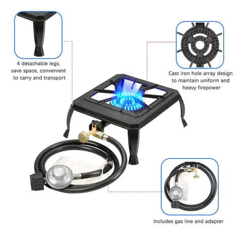 Single Burner Cast Iron Camping Stove With Adjustable Flame Portable Backpacking Friendly Outdoor Cooking Stove including CSA listed regulator and gas hose, cast iron frame, detachable legs.
