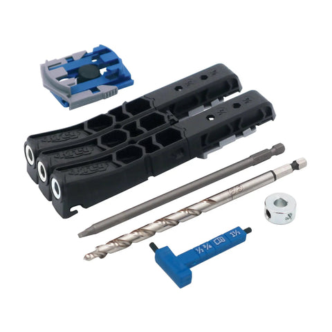 Pocket Hole Jig Micro For Thin Stock And Cabinets For Thirty Three Percent Smaller Micro Pocket Holes In One Half And Three Quarter Thick Materials kit with drill bits and accessories.