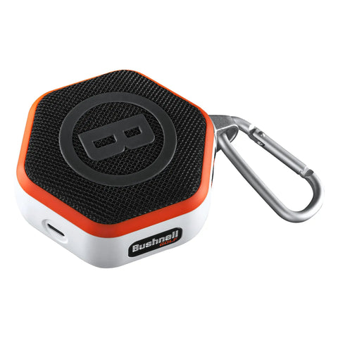 Wingman Mini GPS Speaker With Audible Distances, Ultra Portable Bluetooth Golf Speaker On The Go, Waterproof IPX7, orange with carabiner clip
