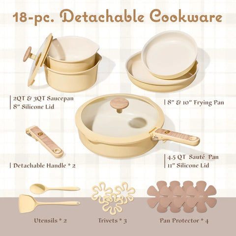 Detachable Handle Ceramic Cookware Set, 18-Piece Nonstick Pots and Pans for RV and Camping in durable yellow, shown with lids and utensils.