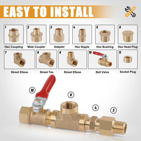 Brass pipe fittings kit, 105pcs; includes NPT adapters, elbows, tees, ball valve and plugs — front view