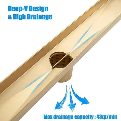 24 Inch Linear Shower Drain With Removable Square Hole Panel In Brushed 304 Stainless Steel, showing deep-V design and high drainage