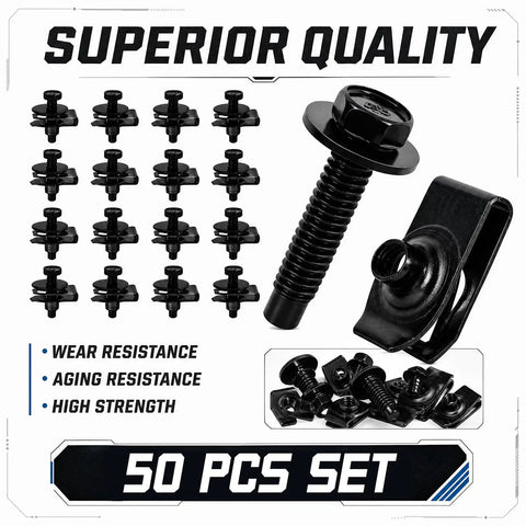 Shop Tough 100 Piece Auto Bolt And U Nut Kit With Pro Grade M6 1.0 Hex Head Screws, Extruded U Nuts And Rust Proof Clips including 50 bolts.