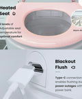 Next Level Tankless Smart Toilet With Auto Open Lid And Foot Kick Sensor Features Five Zone Heated Seat Plus Quick Dry Air Blower Dual Flush Options Ambient Night Glow Remote Control For No Fuss Bathroom Setups showing heated seat and Type-C connection for blackout flush.