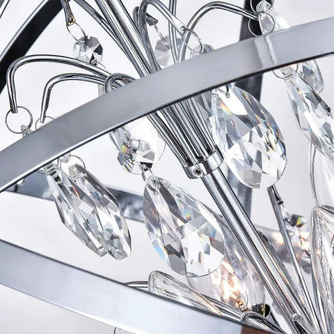 Close-up of crystal details on Globe Four Light Crystal Chandelier With Industrial Sphere Cage Chrome Finish Adjustable Hanging Pendant