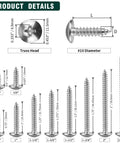 Rock Solid Number 10 Truss Head Screws With Phillips Drive dimensions and sizes, 1.5" 304 stainless steel fasteners, product details