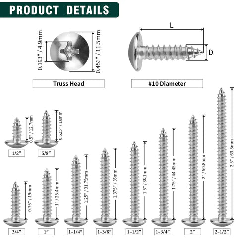 Rock Solid Number 10 Truss Head Screws With Phillips Drive dimensions and sizes, 1.5" 304 stainless steel fasteners, product details
