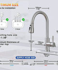Top Shelf Kitchen Faucet With Pull Down Sprayer In Brushed Nickel Lead Free Stainless Steel Build Rated For Heavy Duty Use and specifications diagram.