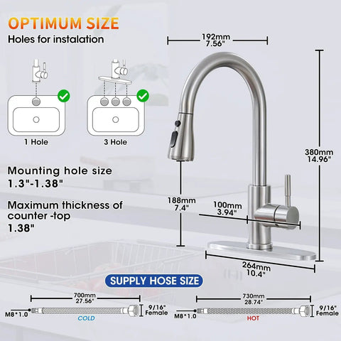 Top Shelf Kitchen Faucet With Pull Down Sprayer In Brushed Nickel Lead Free Stainless Steel Build Rated For Heavy Duty Use and specifications diagram.