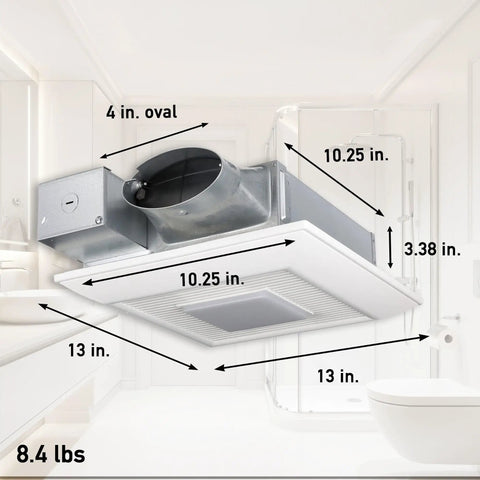 Whisper Quiet DC Bathroom Vent Fan With Dimmable 3000K LED Light And SmartFlow Technology, Ultra Slim Ceiling Exhaust, 4 Inch Oval Duct