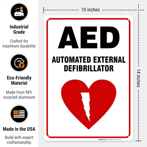 AED sign, 10x14 inches, HDPS plastic, automated external defibrillator with red heart