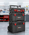 Heavy Duty 3 Tier Rolling Tool Box With Wheels, All Terrain Waterproof Storage System in a garage workshop