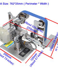 Heavy Duty 550W Belt Sander With Brushless Motor And 762x25 Mm Sanding Belt, showing detailed machine measurements and design.