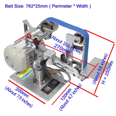 Heavy Duty 550W Belt Sander With Brushless Motor And 762x25 Mm Sanding Belt, showing detailed machine measurements and design.