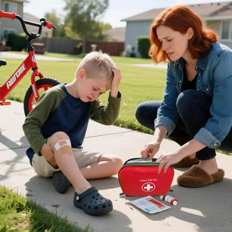 Mother using 196 Piece Waterproof Hard Shell Portable First Aid Kit For Home Car Camping Hiking Travel And Outdoor Adventures With Essential Medical Supplies In Red to treat child's minor injury.