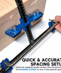 Professional Cabinet Hardware Jig With Micro Adjustment Slider And Drill Bit Storage For Nailing Drawer Pull Placement Right On The Money Smooth DIY Woodworking Alignment Tool That Saves Your Knuckles showing adjustable spacing setup with blue aluminum fixture.