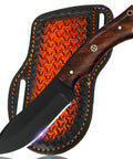 Rugged Fixed Blade Hunting Knife With Powder Coated Stainless Steel Blade And Wooden Grip Full Tang Build For Camping Survival And Outdoor Use A Beast Of An Outdoor Utility Knife For Any Outdoor Adventure, shown with sheath.