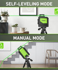 Self Leveling Laser Level With 360 Green Beam Cross Line, 360 Degree Horizontal Line And 130 Degree Vertical Coverage, Pulse Mode, Magnetic Pivoting Base For Quick Room Alignment And Precise On Site Setup shown in self-leveling and manual modes