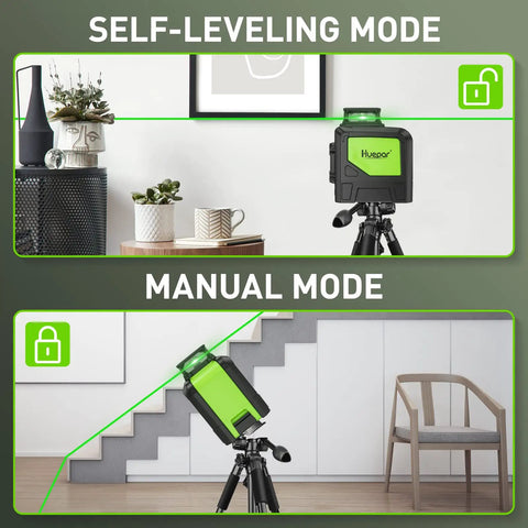 Self Leveling Laser Level With 360 Green Beam Cross Line, 360 Degree Horizontal Line And 130 Degree Vertical Coverage, Pulse Mode, Magnetic Pivoting Base For Quick Room Alignment And Precise On Site Setup shown in self-leveling and manual modes