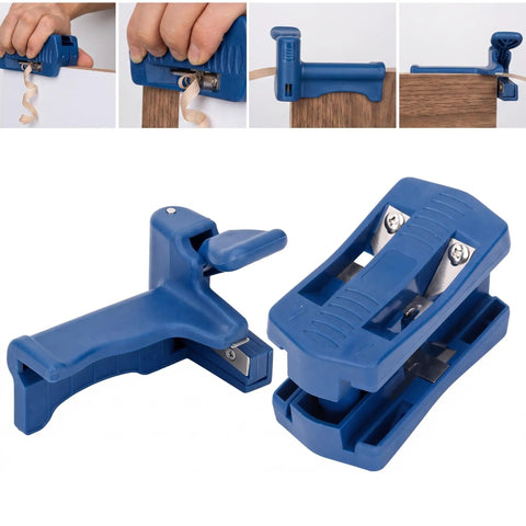 Boss Level Woodworking Edge Trimmer Kit With Twin Handles For Razor Flat Flush Cuts And Dead On Edge Banding on blue ergonomic handle.
