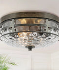 Farmhouse Flush Mount Ceiling Light With Water Ripple Glass Shade, Faux Wood And Black Finish, 3 Light Drum Fixture