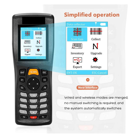 Heavy Duty Handheld Wireless Bar Code Scanner With Dead Fast Capture Rate And Fo Sho Reliable Data Transfer For Secure Stock Audits And Game Changing Warehouse Inventory Management displaying simplified interface and scan options.
