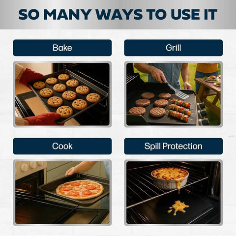 Nonstick Oven Protector Mat For Any Oven, Heavy Duty Oven Rack Liner in use for baking, grilling, cooking, and spill protection.