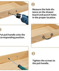 Installation guide for 4Pcs Vintage Bronze Bail Drop Drawer Pulls With Screws, showing measurements and securing to wooden drawer.