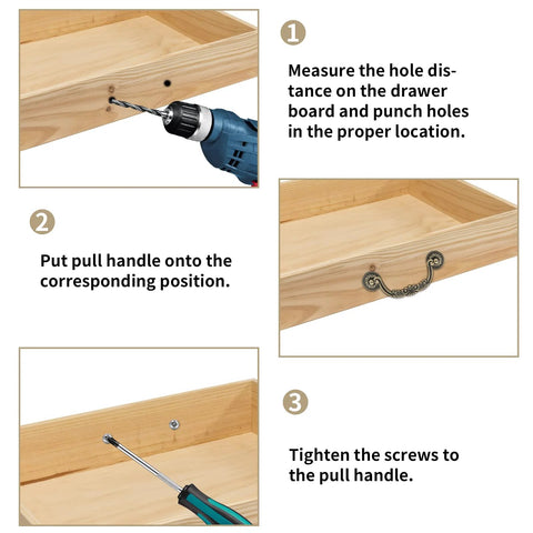 Installation guide for 4Pcs Vintage Bronze Bail Drop Drawer Pulls With Screws, showing measurements and securing to wooden drawer.