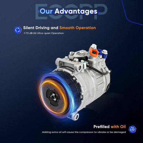Premium Heavy Duty Ac Compressor Pump For Mercedes Benz C230 C240 C320 Cl500 Clk320 2006 To 2011 With Built In Clutch 7Seu17C side view displaying integrated oil fill and smooth operation.
