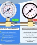 Two 2.5-inch pressure gauges: glycerin liquid-filled with stainless steel case and brass lower mount; dry gauge shown.
