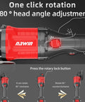 Cordless 4.5 Inch Angle Grinder With Battery And Charger, showcasing 180° head angle adjustment and 90° rotation features.