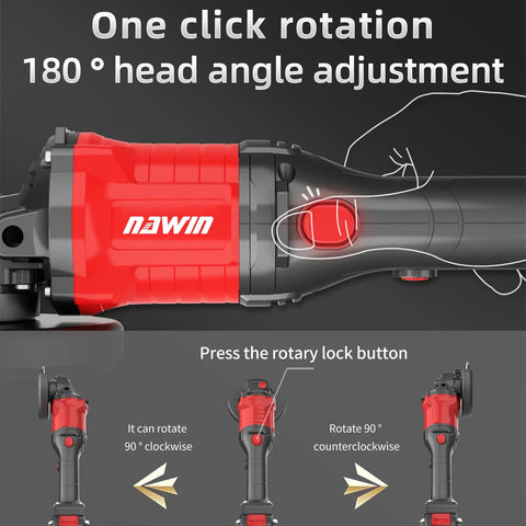 Cordless 4.5 Inch Angle Grinder With Battery And Charger, showcasing 180° head angle adjustment and 90° rotation features.