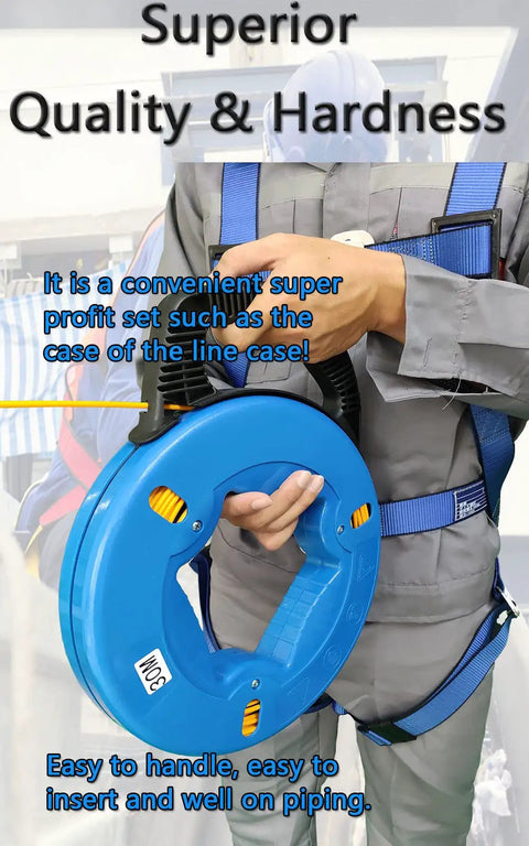 Person holding Heavy Duty Steel Fish Tape Puller 4mm 100 Foot with storage case