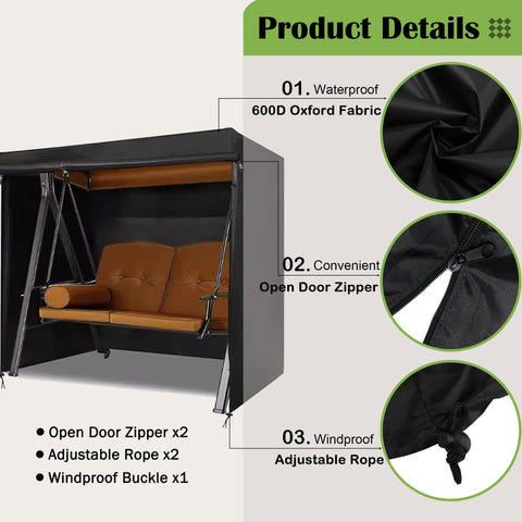 Durable 600D Oxford Patio Swing Cover For Outdoor 3 Seater Garden Hammock Glider with zippers, buckles, black cover details