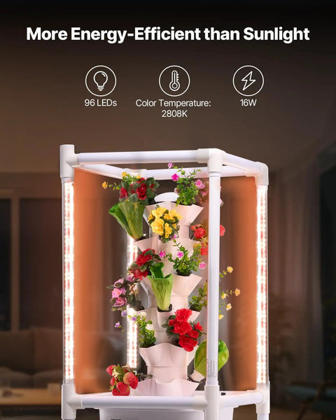 Compact 6 Tier Hydroponic Tower With Grow Lights 30 Pods Indoor Garden Kit For Herbs Veggies And Fruit in a lit room
